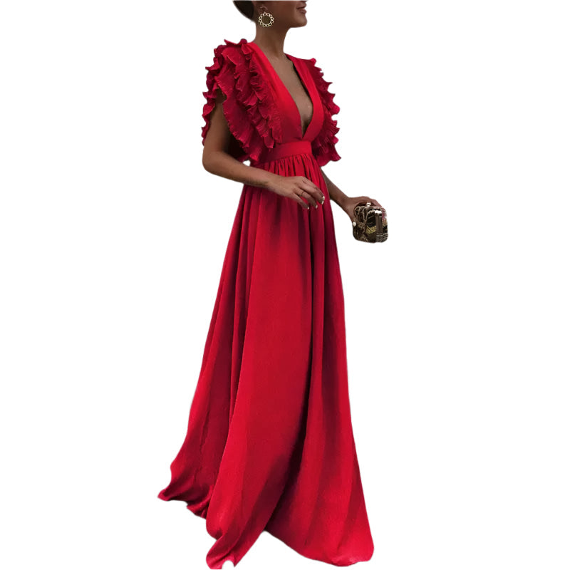 Louise | Robe Longue Élégante à Volants et Décolleté Plongeant