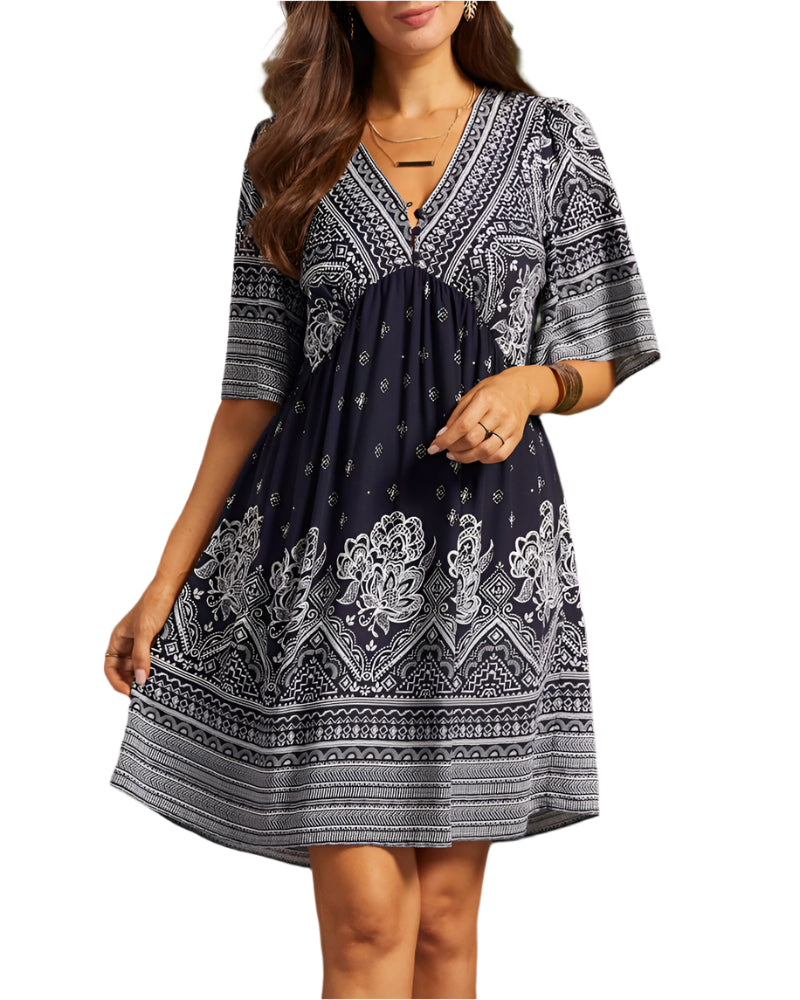 Ivana | Abito Boho Con Scollatura A V E Stampa