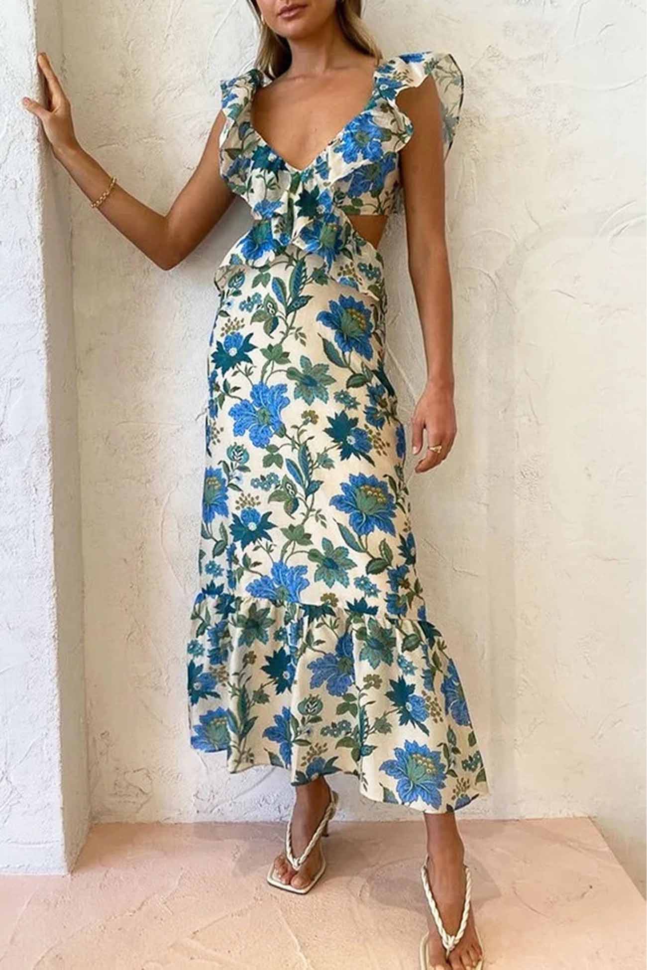 Mélinda | Elegant Lang Kjole for Sommer – Uten Ermer Med Volangstropper