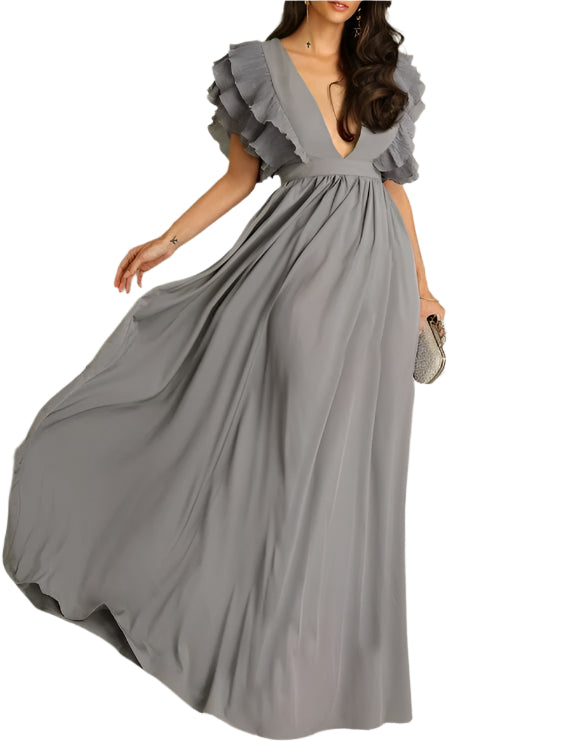 Louise | Robe Longue Élégante à Volants et Décolleté Plongeant