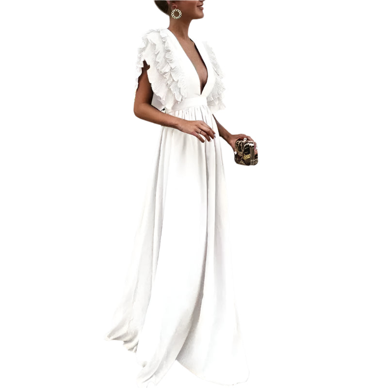 Louise | Robe Longue Élégante à Volants et Décolleté Plongeant