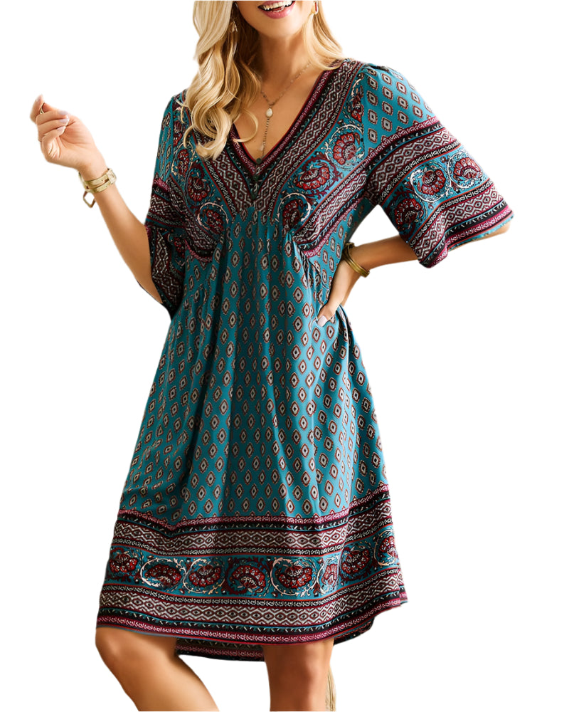 Ivana | Abito Boho Con Scollatura A V E Stampa