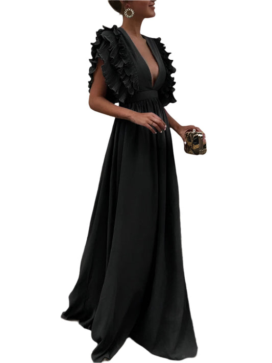 Louise | Elegant Long Dress with Ruffles and Deep Plunge Neckline 