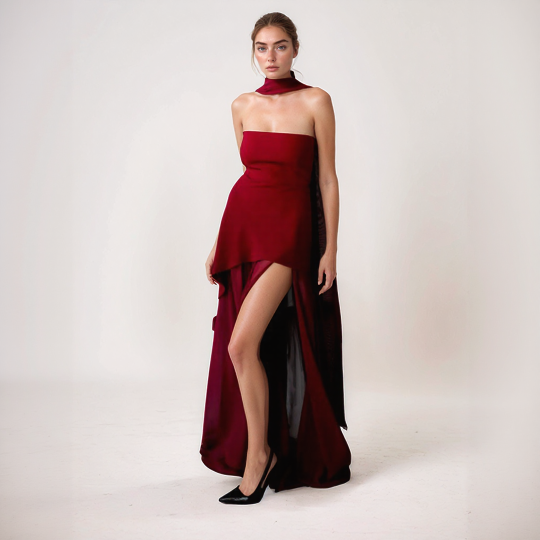 Nelly | Dlouhá Elegantní Šaty – Asymetrický Střih A Integrovaný Šátek 