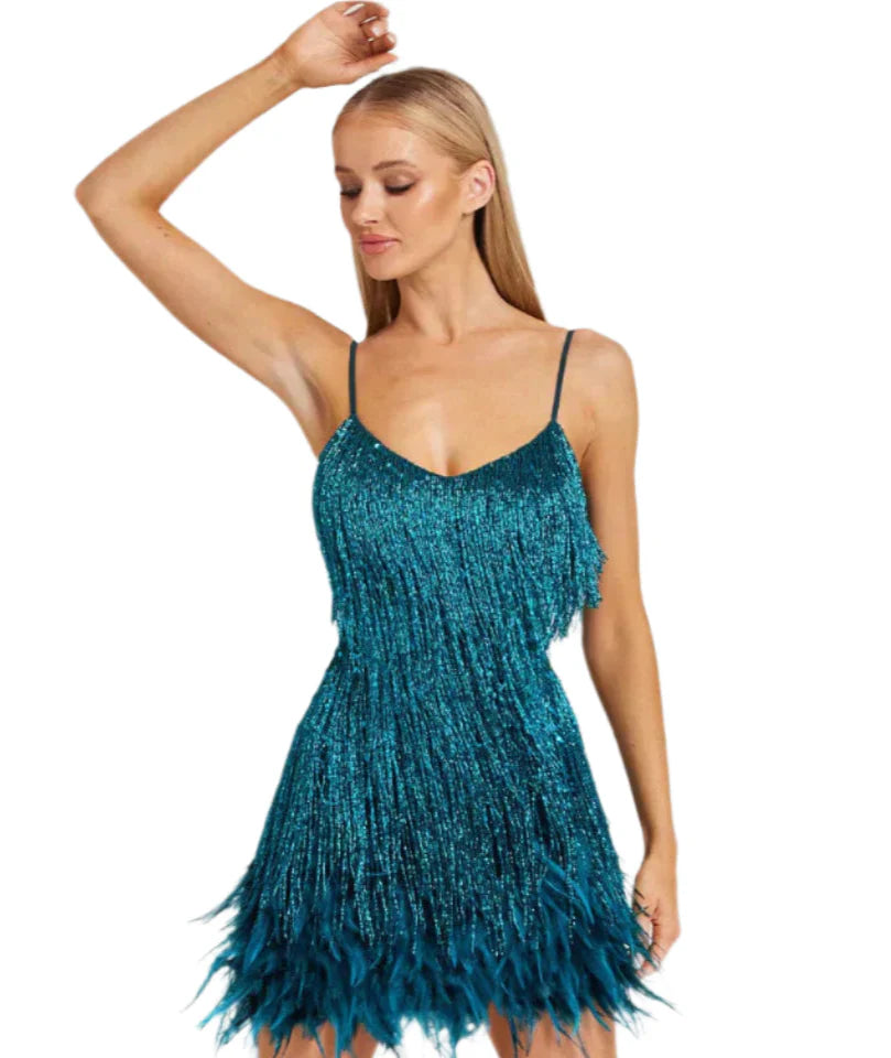 Clarisse | Glamorous Mini Dress with Fringes and Feathers 