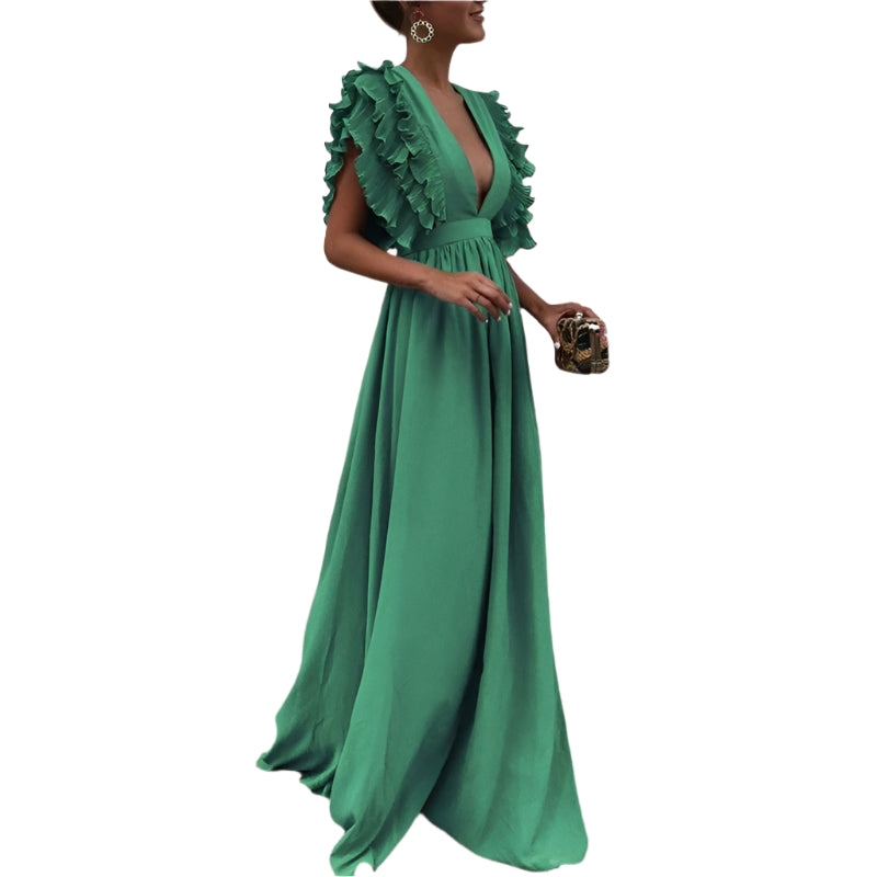 Louise | Robe Longue Élégante à Volants et Décolleté Plongeant