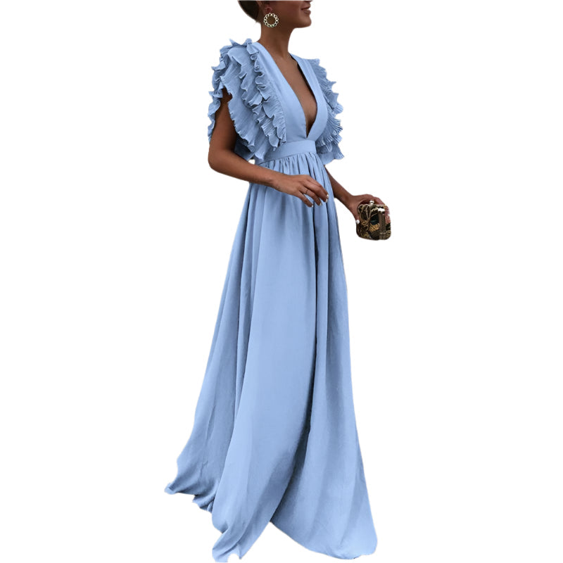Louise | Robe Longue Élégante à Volants et Décolleté Plongeant