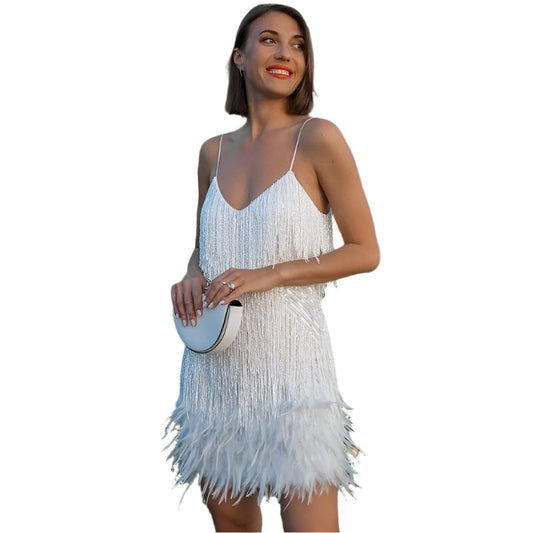Clarisse | Glamorous Mini Dress with Fringes and Feathers 